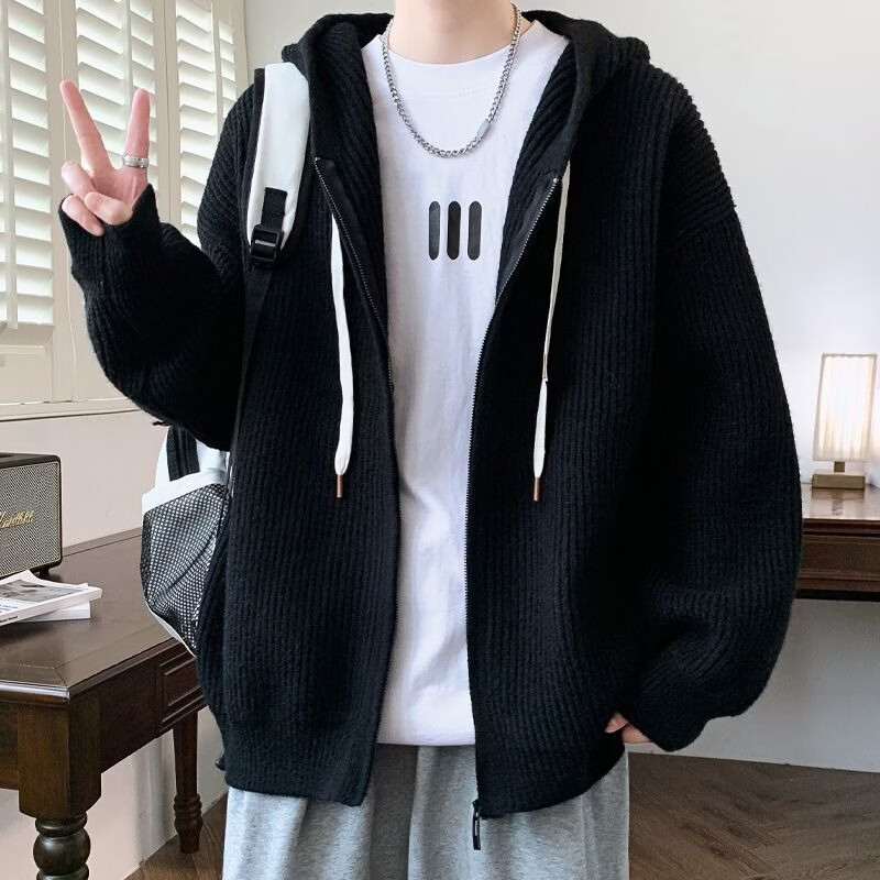 潮衫酷秋冬季潮流开衫毛衣外套男高级感休闲纯色大码宽松百搭连帽针织衫 黑色 M 建议95-115斤