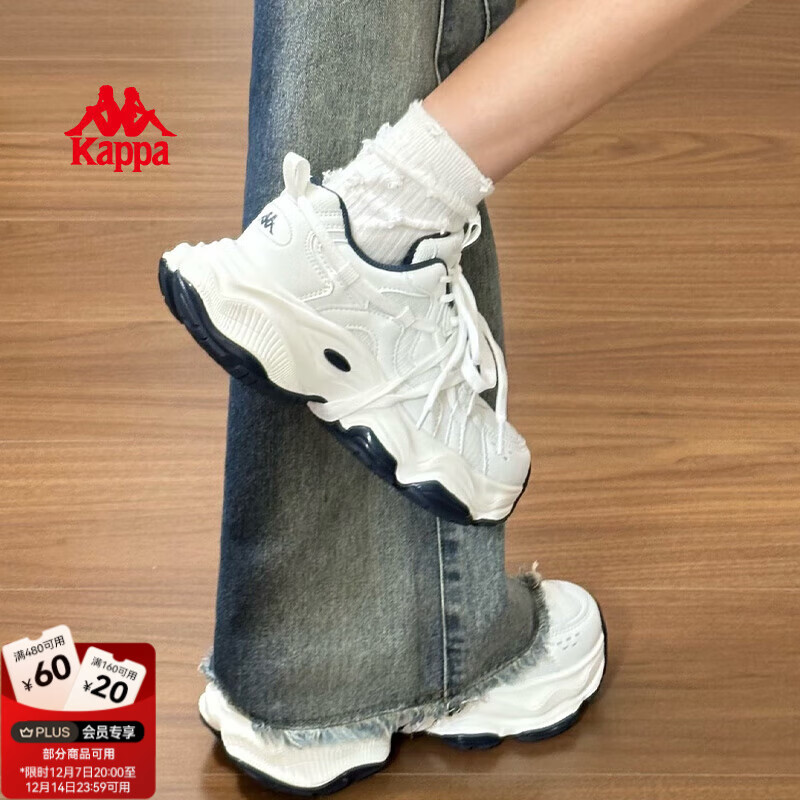 Kappa卡帕女鞋厚底老爹鞋子女2025秋冬新款透气百搭跑步鞋休闲运动鞋女 经典白/海昌蓝 37