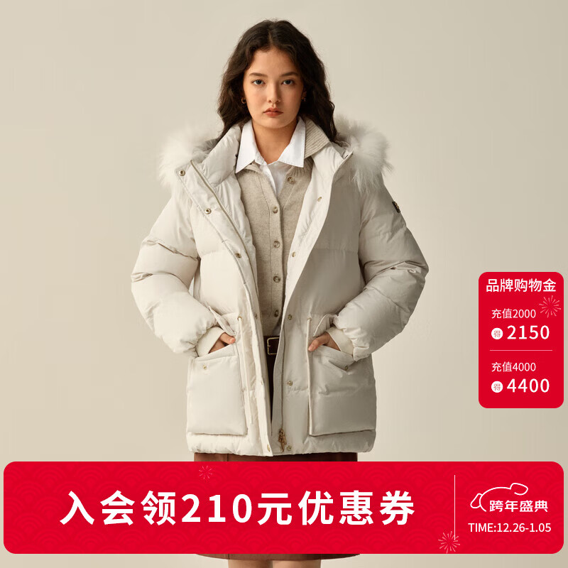 ELAND衣恋羽绒服女时尚毛领长袖大口袋保暖外套2025冬季新款 象牙白/白色(39)Ivory S /160