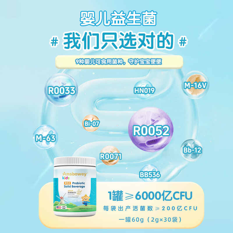 恩博维爱幼畅R52肠胃益生菌粉婴幼儿童0-3-6-18岁宝宝双歧杆菌 美国进口 爱幼畅R52益生菌+营养师服务 60g*1罐