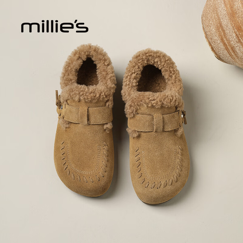妙丽（Millies）勃肯鞋女低跟加绒时尚舒适休闲2025冬季新款百搭防寒保暖雪地靴 驼色 37 (235mm) 标准码