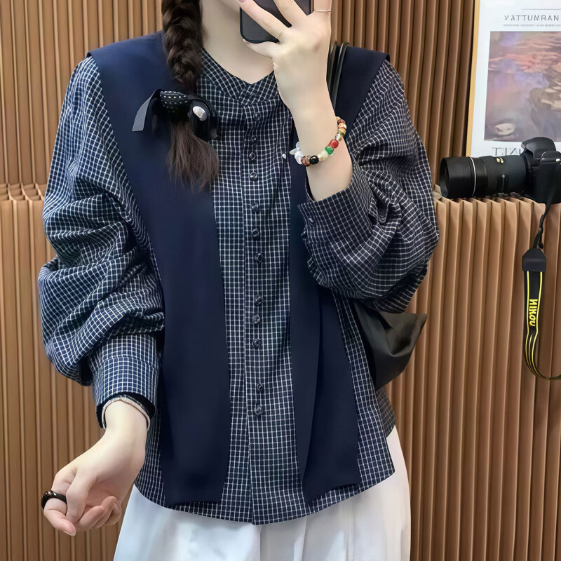 MODX2026早秋新款韩系时尚减龄披肩长袖格子衬衫女款气质休闲衬衣上衣 蓝色格子+披肩 【原版】 XL 130-145斤