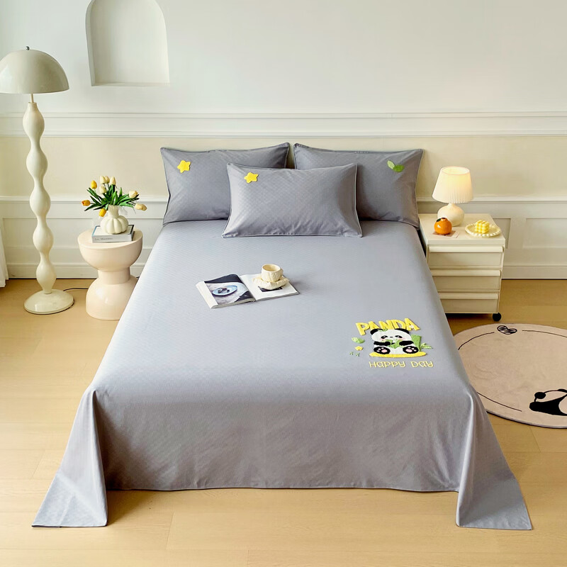 ROLAND LIVE全棉提花老粗布毛巾绣床单单件纯棉床单枕套三件套透气亲肤床品 CW 全棉提花粗布床单-小竹熊灰 单床单160*230cm