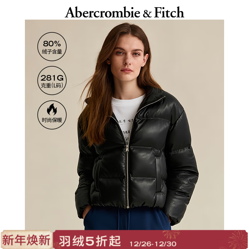 Abercrombie &amp; Fitch抗风立领加厚保暖拉链PU皮羽绒服外套25秋冬新款女装144-5240 黑色 XS (160/84A)