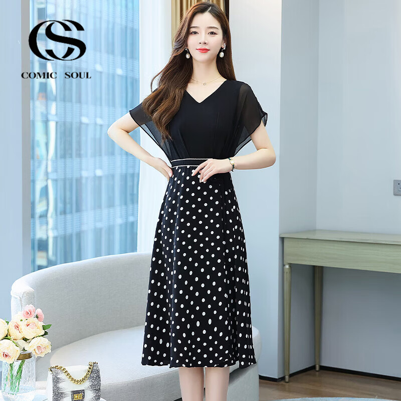 COMIC SOUL新款夏装假两件连衣裙女雪纺时尚高端夏季女装气质流行款裙子 波点 M