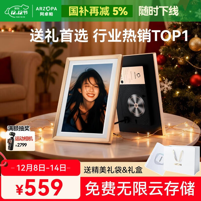 ARZOPA阿卓帕 10.1英寸数码智能云相框 高清电子相册 照片视频触摸播放  端午节礼物 D10香槟金