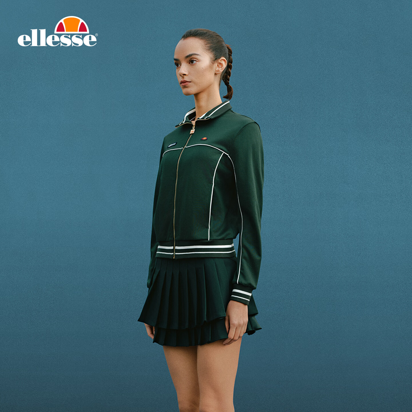 ellesse小贝壳26春季新品网球服老钱风外套复古运动半裙套装女 深林绿-半裙 M