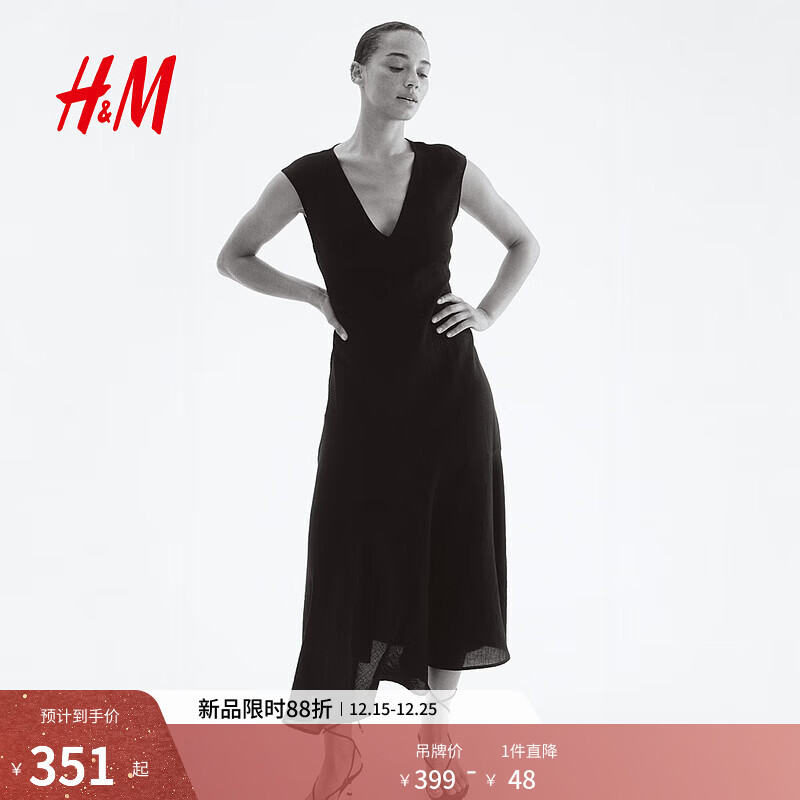 H&amp;M女装连衣裙2025年夏季新款深v领短裙缎质通勤时尚连身裙1291671 黑色 S 160/88