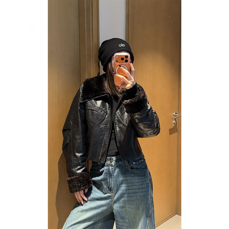 MODX2026欧货内胆鹅绒黑色皮衣女短款毛领拉炼皮夹克感外套 黑色 M 建议85-120斤