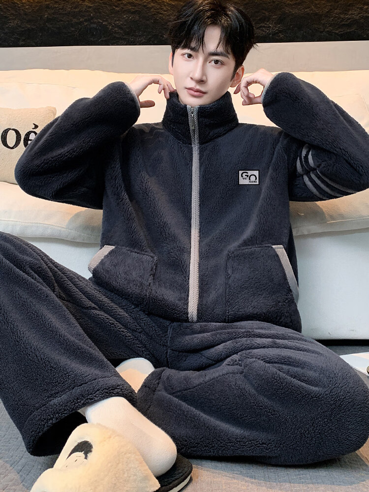 雅鹿睡衣冬季男珊瑚绒家居服男士高端加厚加绒睡衣男士冬季新款套装 NSJLY-KS47夜暮灰青果领胸口标男 2XL 男(150-170斤)