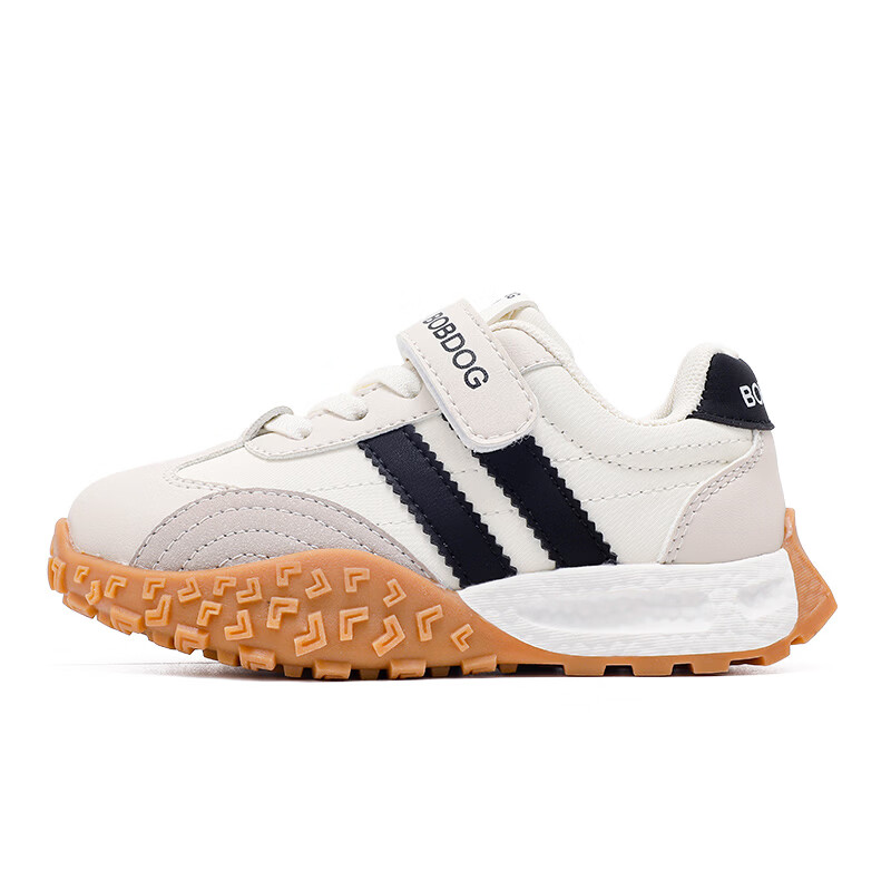 巴布豆（BOBDOG）童鞋男童2025冬季舒适百搭跑鞋加绒保暖二棉鞋低帮休闲二运动鞋女 米/黑53106(革面) 26 适合脚长15.6cm