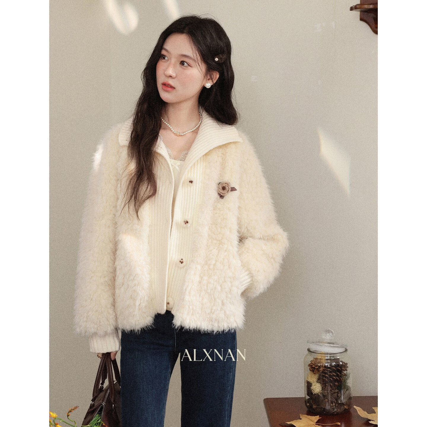 鹿向南「雪绒奶芙」杏色假两件短款羊羔毛外套女秋冬毛绒设计感 杏色 S