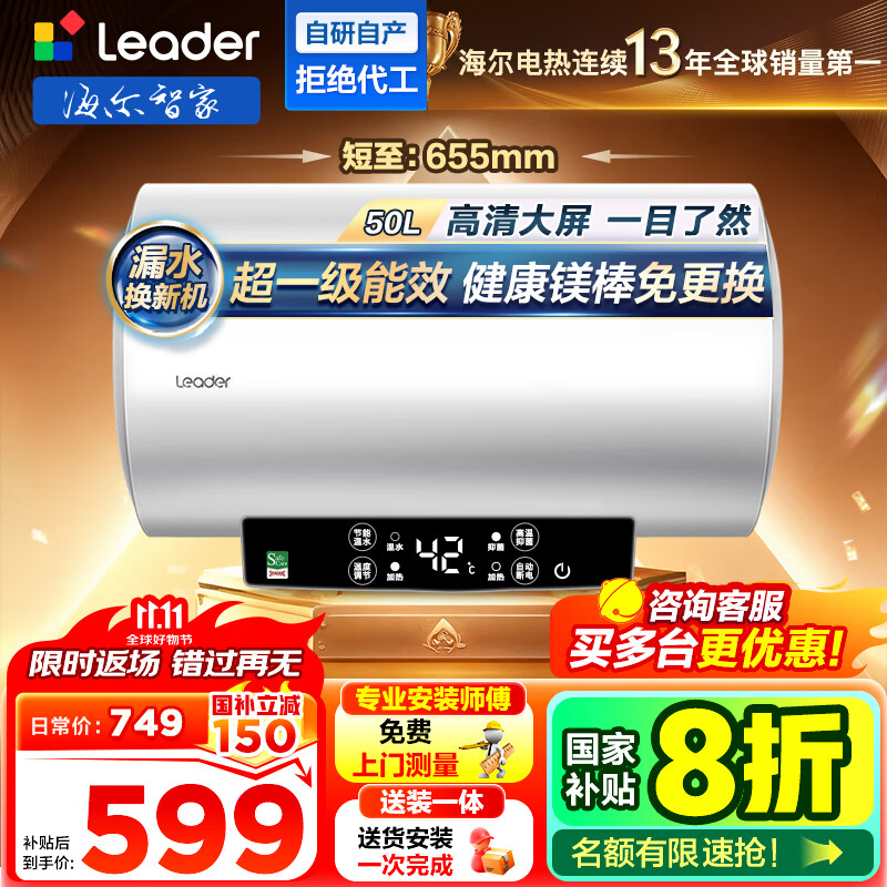 海尔（Haier）智家出品Leader统帅热水器【咨询客服享补贴】 电热水器60升LD5/LD5S一级能效出租房家用小尺寸 50L 2200W LD5  2.2KW速热