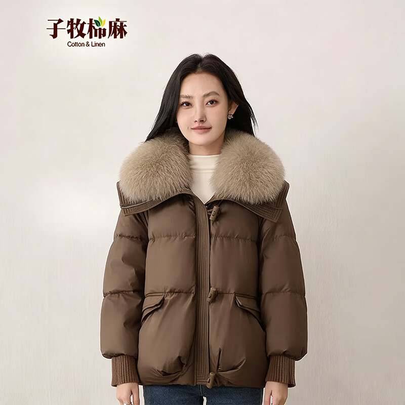 子牧棉麻冬装 女洋气毛领棉服宽松长袖牛角扣棉衣外套上衣6606 咖啡色 S (建议95-115斤)