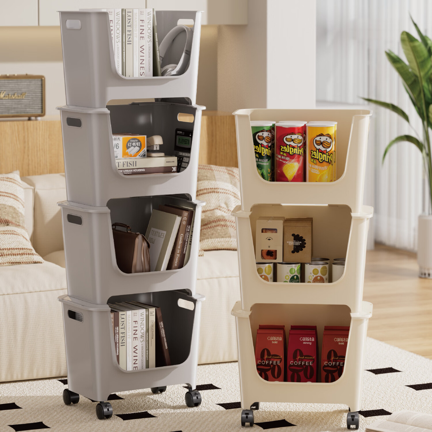 纳份爱桌下书包置物架可移动家用客厅分层零食收纳置物架厨房收纳筐 四层-米白色置物架