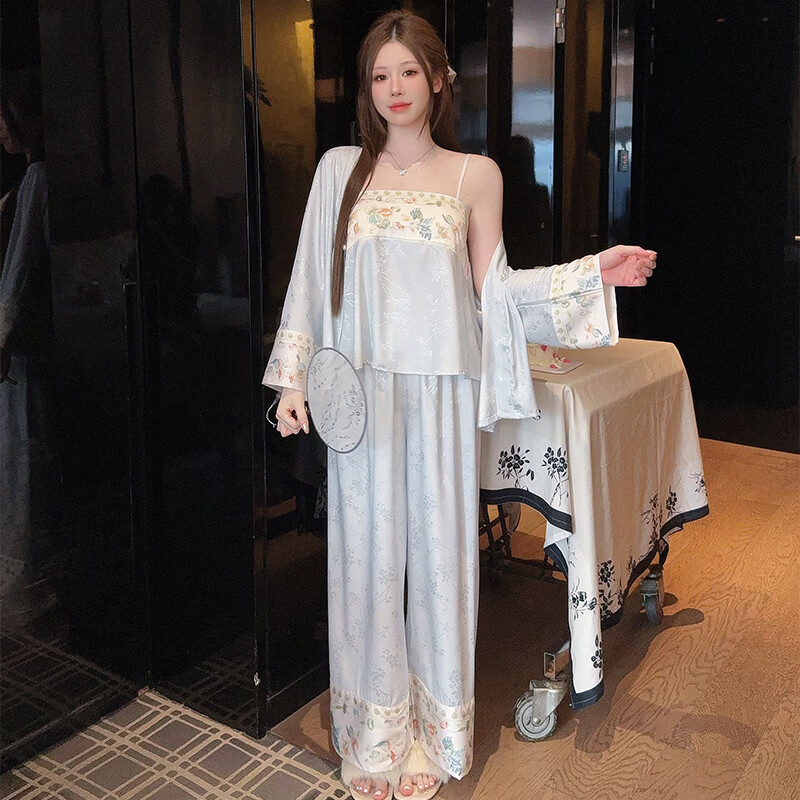 萧淑妃新中式国风睡衣女春夏凉感薄款冰丝复古少奶奶带胸垫三件套家居服 青瓷雅韵 XL