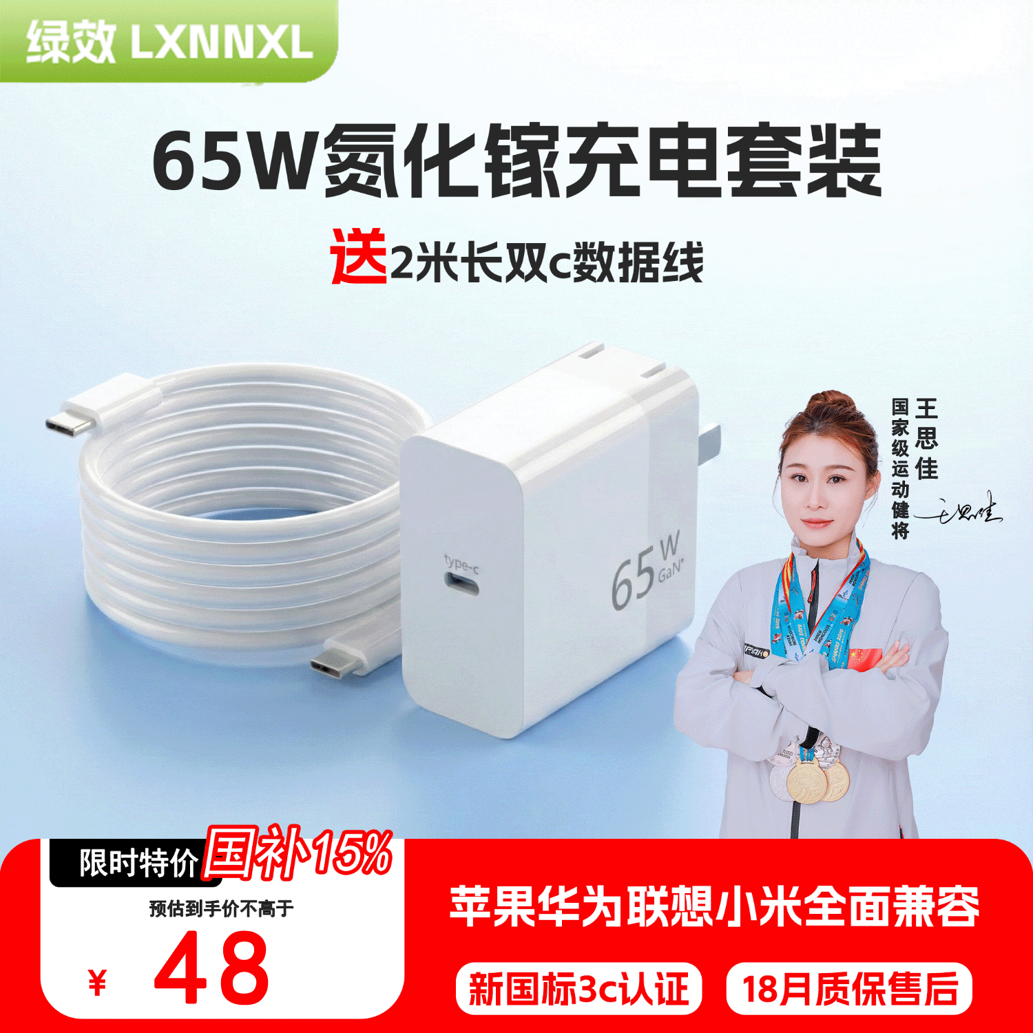 绿效65W氮化镓笔记本电脑手机充电器套装Type-C口PD快充头电源适配器适用MacBook苹果小米华为联想