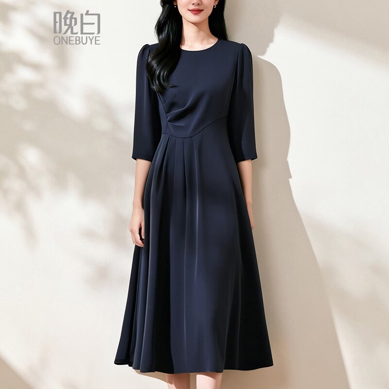 晚白【断码清仓】知性轻熟风中袖裙子收腰显瘦气质通勤连衣裙 深蓝色 S