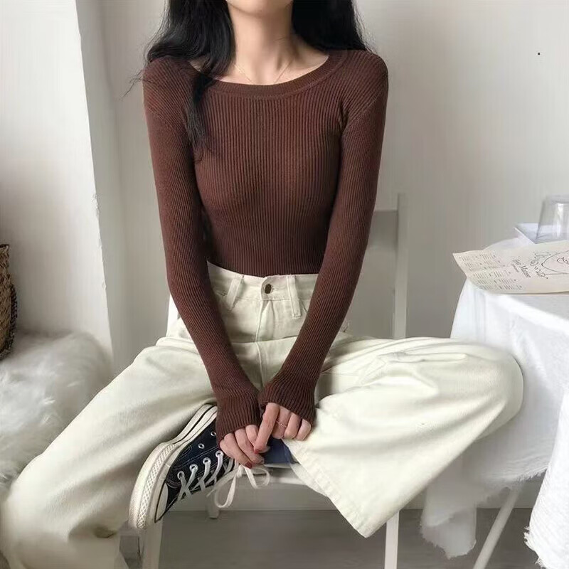 圆领打底衫女2026秋冬款通勤修身显瘦内搭套头毛衣纯色针织上衣MD 9989【咖色】秋冬配大衣内搭#修身保暖 XL 推荐【110-120斤】