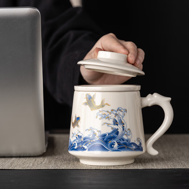 韵化茶杯茶水分离陶瓷个人专用马克水杯高档办公杯公司活动商务伴手礼 草木灰【鱼跃】龙把办公杯三件套