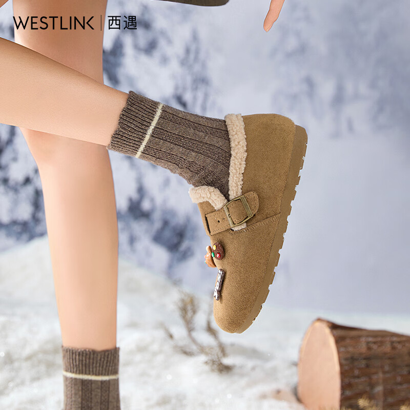 西遇（Westlink）全包加绒勃肯鞋女新款冬季丑萌小狗毛毛鞋软底外穿棉鞋 绿色 付款20天 38 (240)