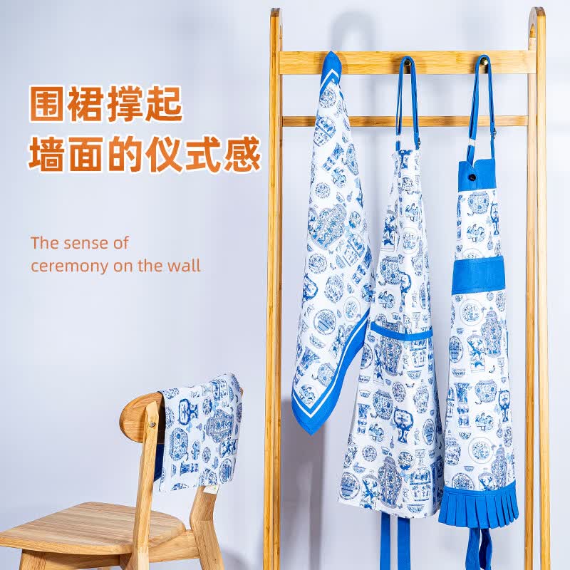 尚悦靓高档女围裙家居厨房防油易洗纯棉青花瓷中式围腰柔软舒适做饭围裙 纯棉柔软防污女士围裙