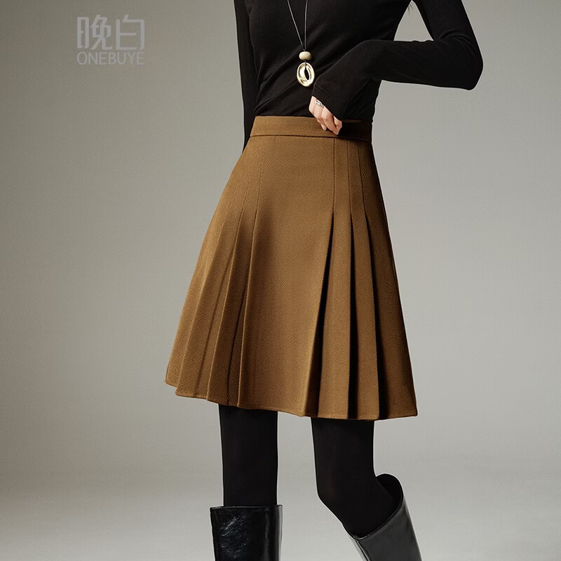 晚白【断码清仓】春款时尚百褶裙高腰遮肉显瘦气质百搭小个子半身裙 深咖色 L