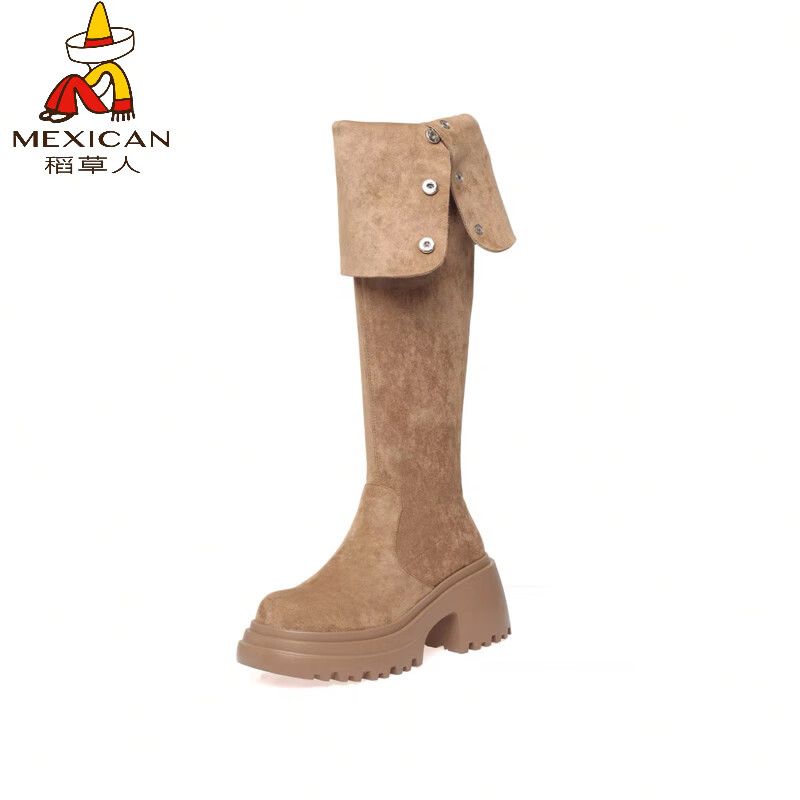 稻草人（MEXICAN）翻折绒面过膝长筒靴女秋冬2026新款厚底小个子长靴女士美拉德靴子 卡其色「单里」 35