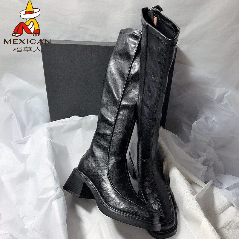 稻草人（MEXICAN）不过膝巨好看长筒靴女粗跟高跟2026秋冬季新款真皮黑色高筒骑士靴 黑色【单里】 35