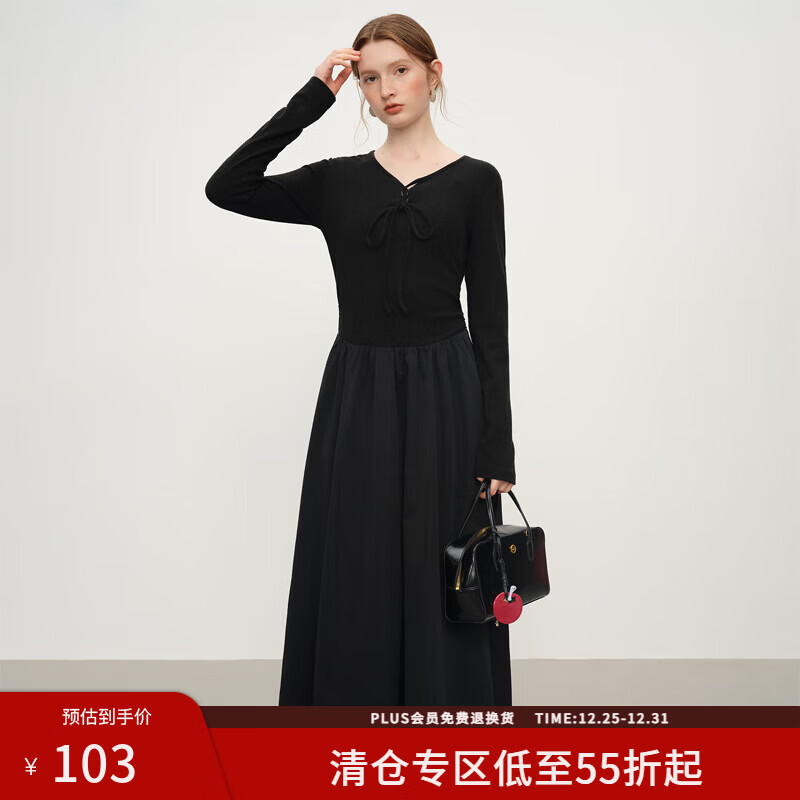 范思蓝恩针织打底拼接T恤连衣裙女2025秋冬新款弹力内搭裙子4366 黑色 M