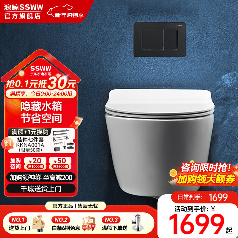 浪鲸（SSWW）卫浴壁挂式马桶小户型墙排嵌入式挂墙马桶脲醛盖板卫生间家用 CT2077E壁挂马桶+ECW2009水箱