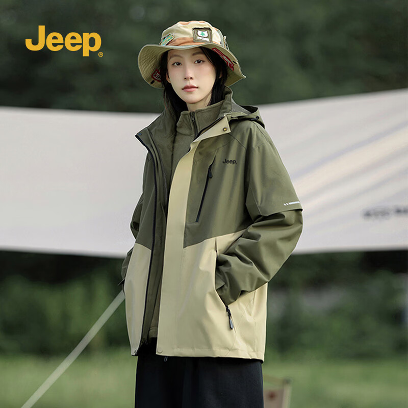 JEEP男装秋冬季新品男士户外运动三合一冲锋夹克上衣休闲连帽加绒外套 黑色 /抓绒内胆 4XL