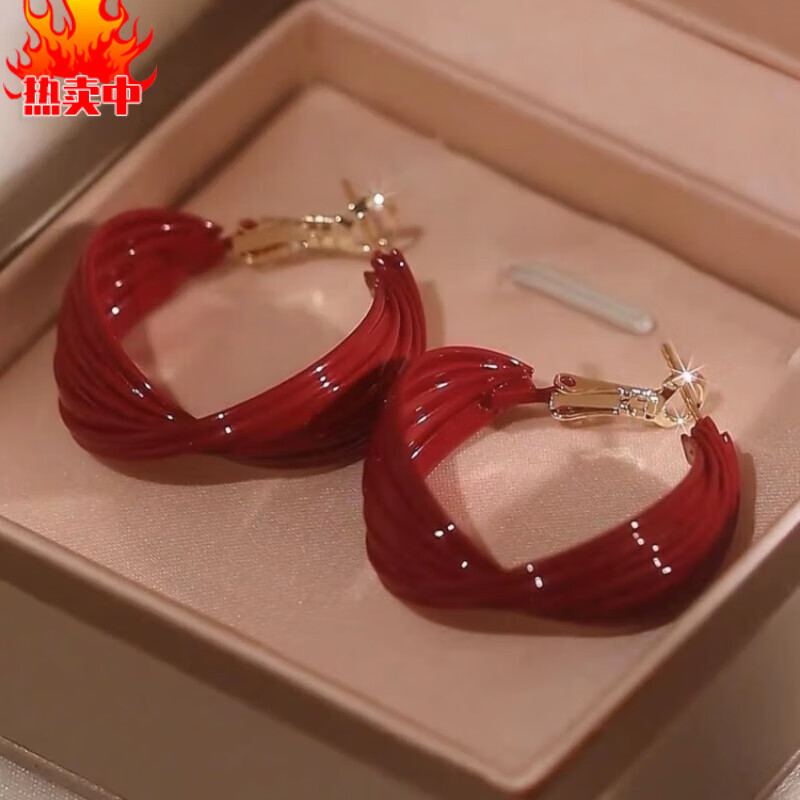 snqp过年戴的耳环覆古红色滴釉耳圈女新款s925银针秋冬精致高 红色覆