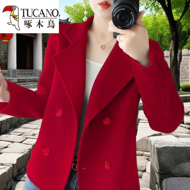 啄木鸟（TUCANO）短款毛呢大衣2025小个子秋季外套呢料双排扣女士秋冬外套毛呢大衣 咖色【没有口袋】 2XL 120-135斤