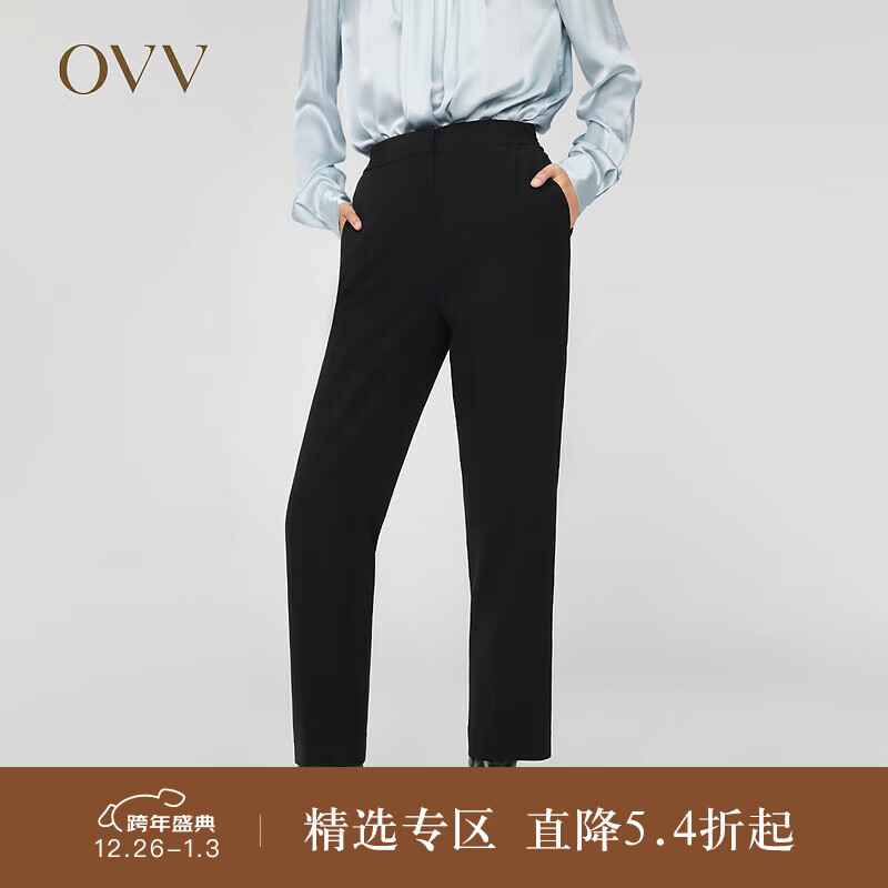OVV2023秋冬新款女装日本进口三醋酸侧后腰松紧休闲通勤长裤 黑色（净色）A3 M