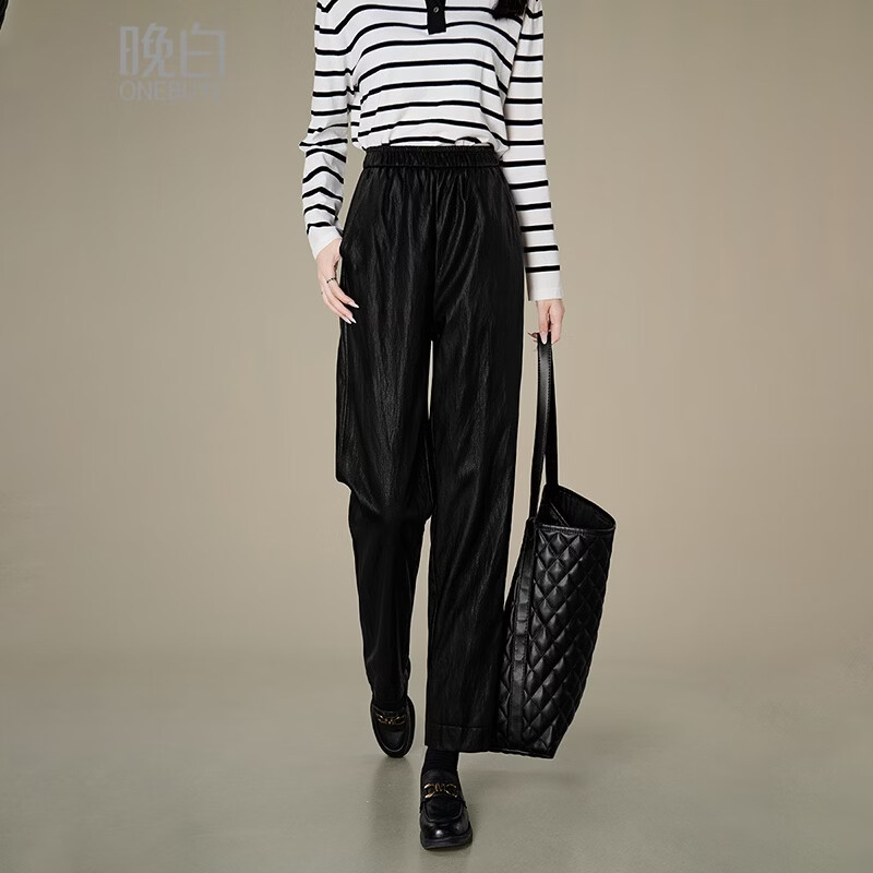 晚白【专享】2026年春款时尚蛋白皮柔软舒适高腰显瘦挺括利落烟管裤女 黑色 26