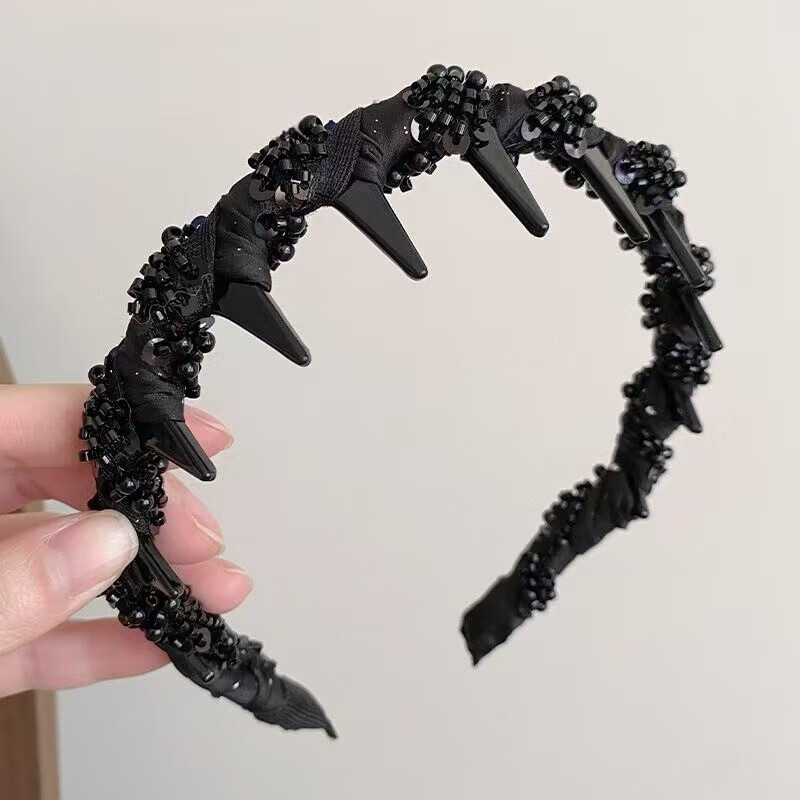 【厂家直供】小众新款手工串珠感轻奢波浪发箍专用颅顶头箍小香风 1 黑色绕珠发箍 京东折扣/优惠券