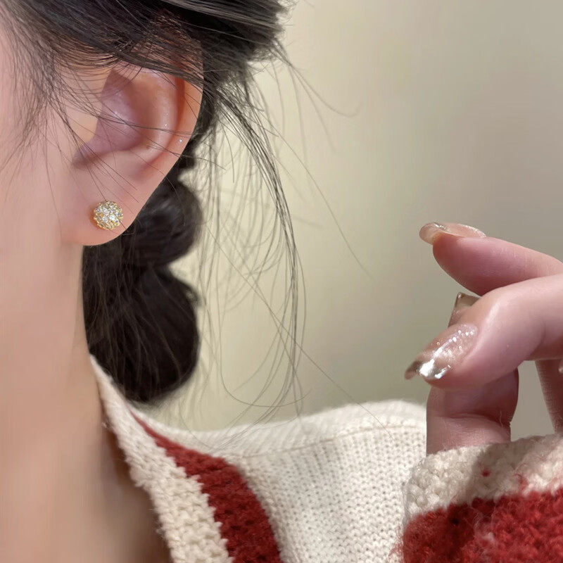 法式微镶锆石豆豆红色珍珠耳环耳钉女银针爆款小众设计气质耳饰 豆豆珍珠-香槟色