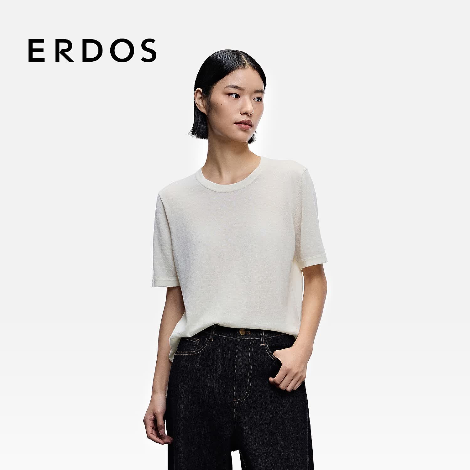 ERDOS【四季针织云感T恤】圆领羊毛羊绒混纺短袖女套衫针织衫 白色 L 170/88A