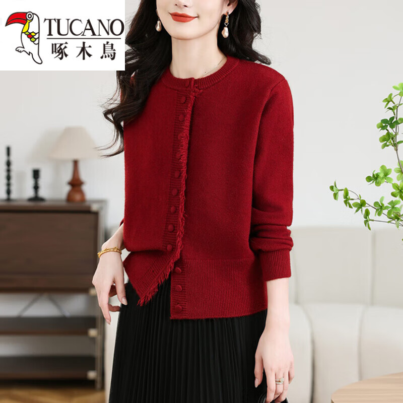 啄木鸟（TUCANO）针织衫女2025新款春秋洋气减龄短款外搭毛衣小外套女开衫针织衫 红色 L 【110斤-120斤】 京东折扣/优惠券