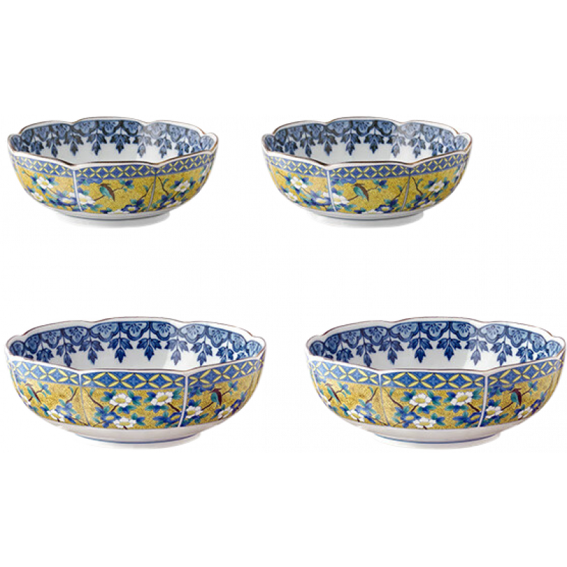 美濃燒（Mino Yaki）碗盤套裝4人日本進口中式手工復(fù)古宮廷風(fēng)陶瓷餐具家用禮品 黃彩花鳥【四人用】 8頭 8件