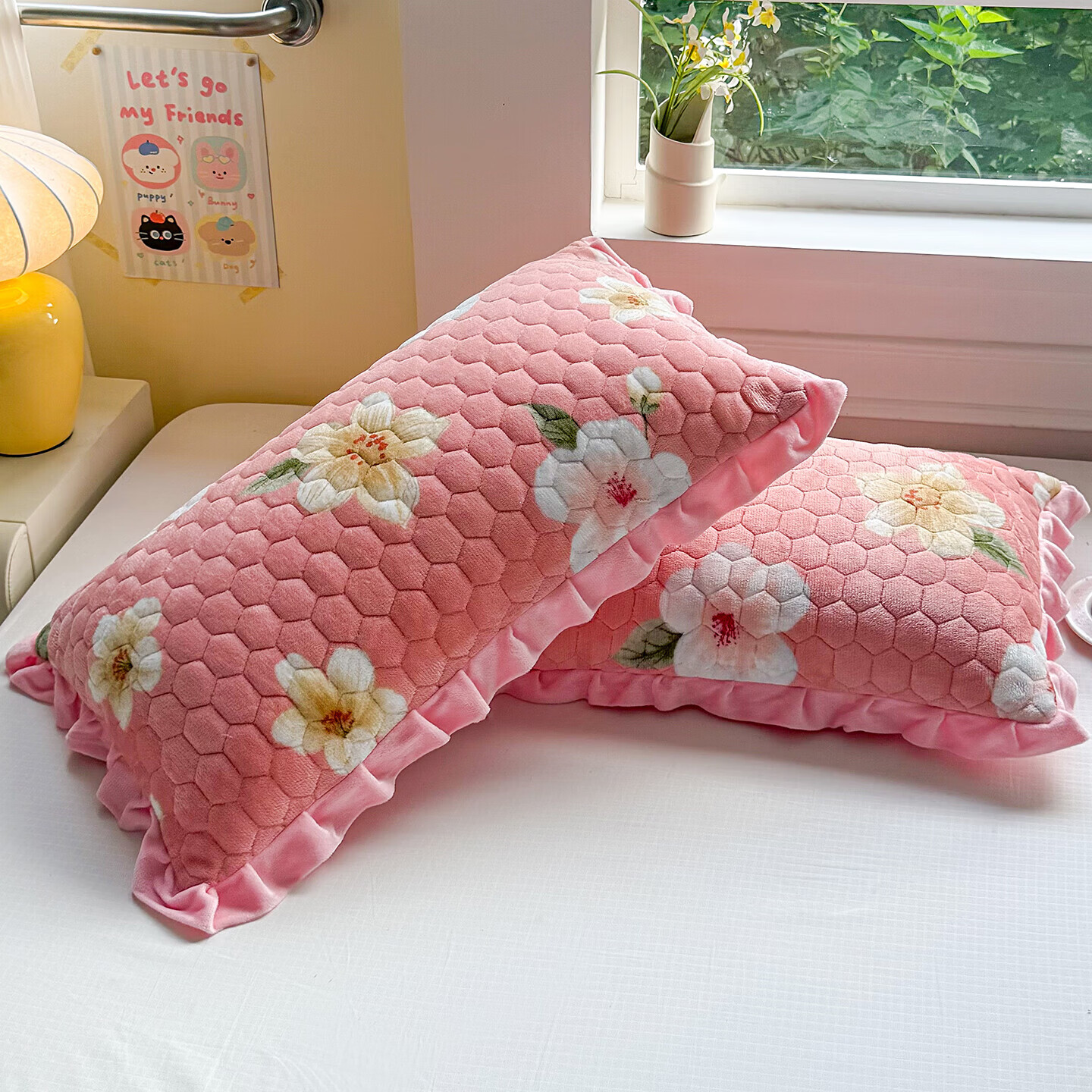 【精选厂家】A类高克重牛奶绒加厚枕套 秋冬季法兰绒单人枕芯套内 牡丹粉【加绒加厚/防静电】 枕套一对48*74cm