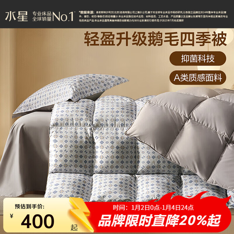百丽丝水星家纺集团旗下 羽绒被鹅毛冬被控温保暖加厚被芯 抗菌鹅毛冬厚被-蓝灰色 150cm×210cm