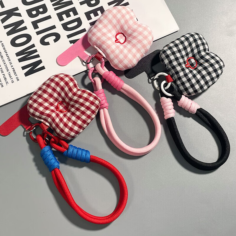 手机挂绳新年红短款绳格子挂件便携钥匙扣手机壳挂绳防丢手机链 【新年红】苹果方块挂绳+红色夹片+小吊绳