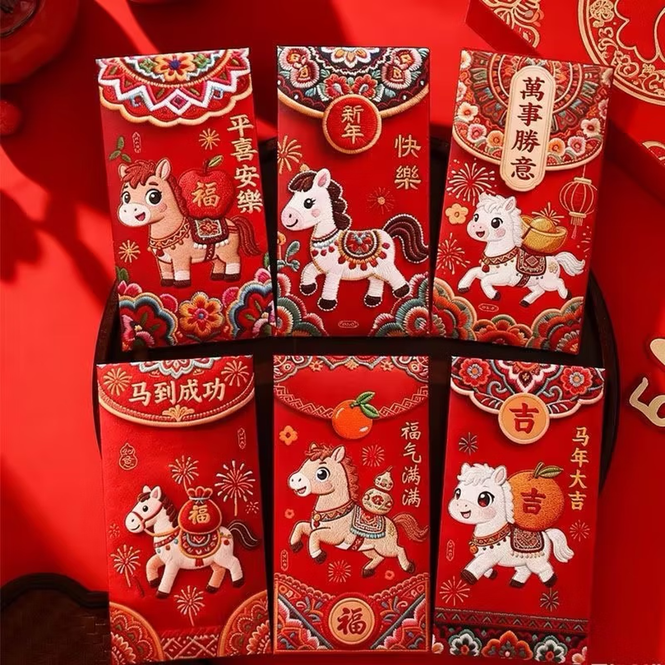 2026马年爆款平面刺绣立体卡通福马红包春节创意压岁拜年利是封 六个