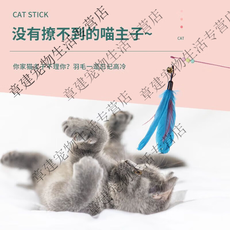 逗猫棒长杆猫猫玩具钢丝彩色羽毛带铃铛耐用0到3个月互动小猫玩具 钢丝逗猫棒+额外替换头*2