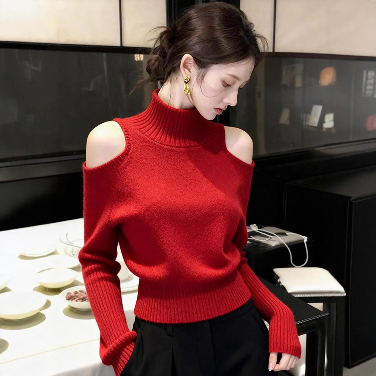 蓝色高领露肩毛衣女冬高级感独特漂亮减龄气质小香风掐腰针织上衣 酒红色 均码 (建议85-130斤