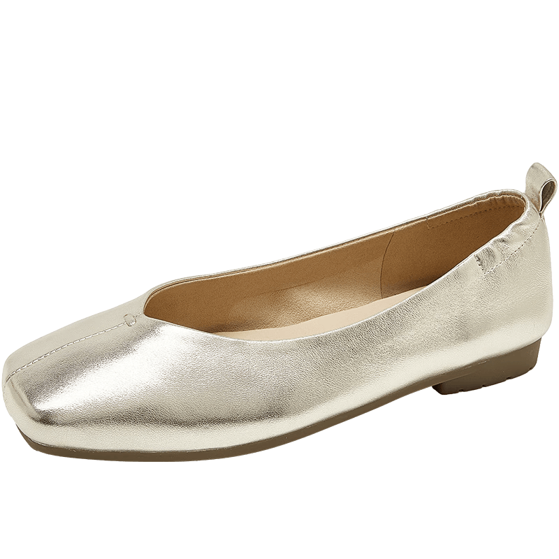 康莉（COMELY）羊皮方頭平底單鞋女新品2026春季淺口芭蕾鞋軟底通勤鞋 淺金色 34