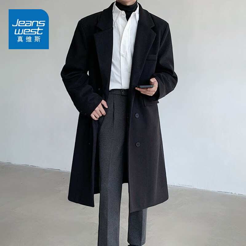 真维斯（Jeanswest）2026厚实毛呢中长款冬季新款西服男士纯色大衣加绒休闲西装外套 黑色常规 【防风保暖】 5XL