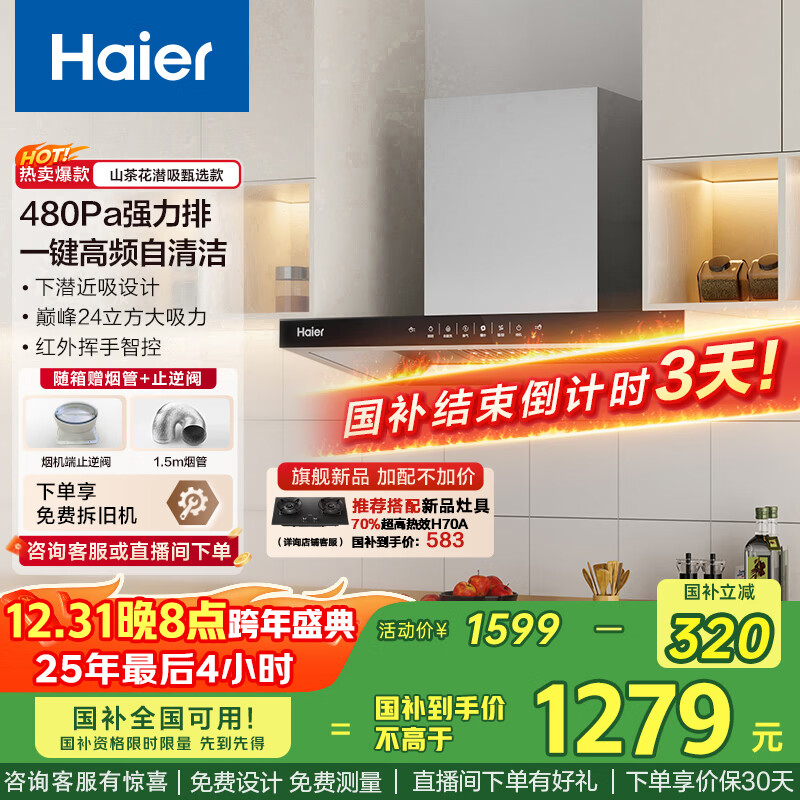海尔（Haier）抽油烟机大吸力 【山茶花】新欧式顶吸式深潜近吸 24风量自清洁 国家补贴20%油烟机ET906S